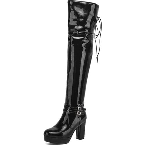 2020 Sexy Fashion Patent Leather Thick Heel Boots Double-Breasted With Side Zipper Back Lace Super High Heel Over The Knee Boots