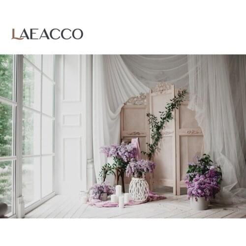 Laeacco Gray White Screen Old Rural House Wood Floor Curtain Potted Flowers Interior Child Photo Background Photography Backdrop