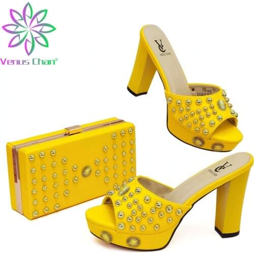 Pointed Toe Comfortable Heels in Yellow Color High Quality Italian Women Shoes 2021 and Bag Set for Garden Party