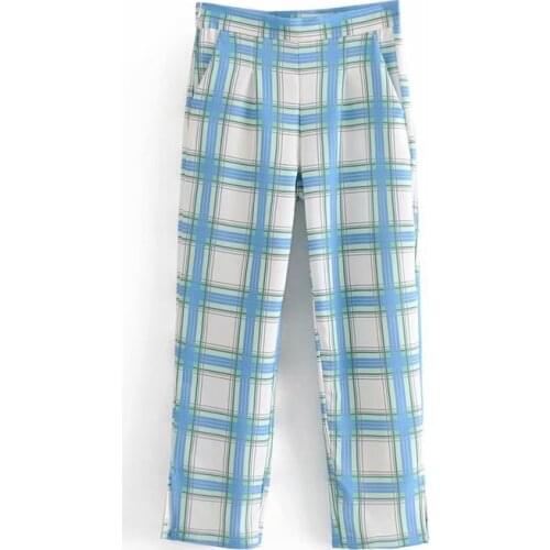 Blue Plaid Long Trousers 2019 Spring Women Straight Pants Office Ladies High Waist Split Harem Pants with Pockets Street Wear