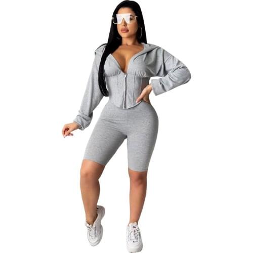 Sexy Deep V Neck Corset Tracksuit Women Casual Hoodie Crop Top with Biker Shorts Bodycon Fitness Sport Lounge Wear Two Piece Set