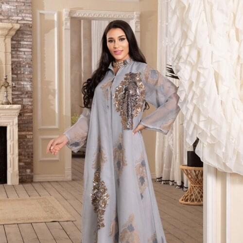 Ladies Muslim Evening Dress Sequin Embroidered Mesh Ladies Dress Dubai Fashion Ladies Arab Robe Long Skirt Kebaya Skirt
