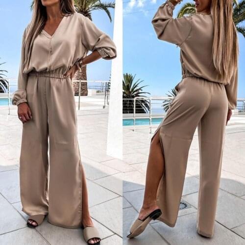 50%HOTWomen Solid Color Long Sleeve Shirt High Waist Wide Leg Pants Outfit Sportswear Two Piece Set
