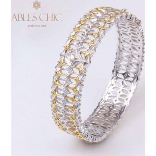 925 Silver Retro Flower Two Row Stars Bangle 18K Yellow Gold Vintage CZ Accent Hinged Bracelet Premium Quality Fine Jewelry
