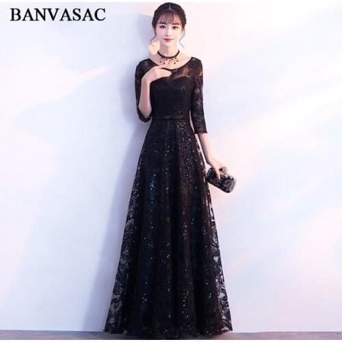 BANVASAC Sequined O Neck Lace Appliques A Line Long Evening Dresses Party Bow Sash Illusion Zipper Backless Prom Gowns