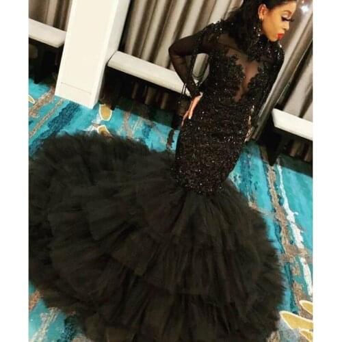 2020 Black Mermaid Prom Dresses Tiered High Neck Long Sleeve Lace Appliqued Beaded Evening Gowns Party Dress vestidos de fiesta