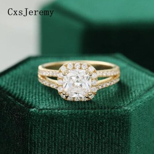 CxsJeremy Solid 10K/14K Yellow Gold Bridal Set Halo Engagement Ring 2.0ct 7*7mm Cushion Cut Moissanite Diamond Wedding Ring