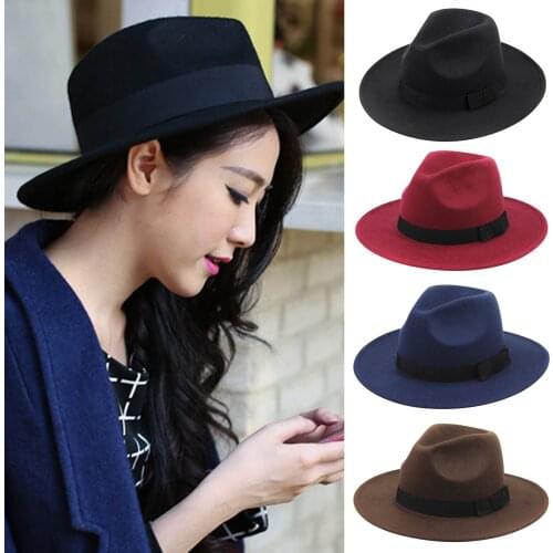 Hot Sale Womens Stylish Top Hat Crushable Wool Felt Outback Hat British Style Headgear Wide Brim Belt Cap NOV99