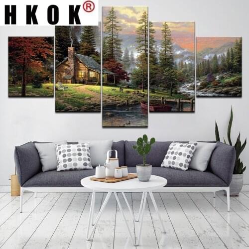 HKOK Canvas Painting Wall Art home Decor 5 Panel Mountain River Tree Modular Pictures Forest Landscape HD Printing Oil Paintings