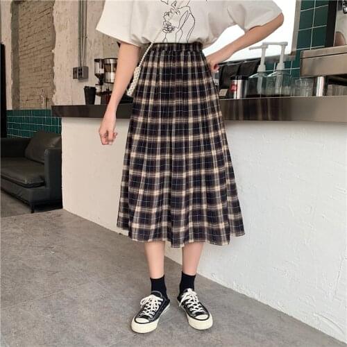 Plaid Pleated Womens Skirt A-Line Mid-Calf Empire Korean Japanese Skirts High Waist Ladies Harajuku Sweet Skirt Clothing