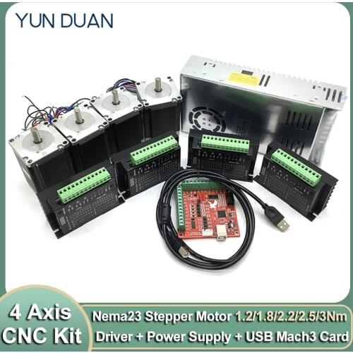 4Axis Nema23 Stepper Motor Kit 2PH1.2Nm 1.8Nm 2.2Nm 2.5Nm 3Nm 3A TB660 Driver Power Supply USB Mach3 Controller Card CNC Router