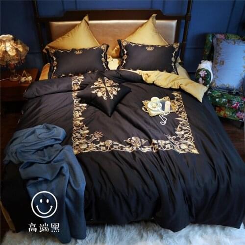 Luxury European Styel black with gold embroidery Bedding set egyptian cotton Duvet cover Bed Sheet/Linen Pillowcases 4/7pcs