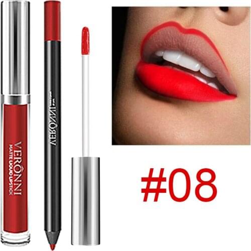 Matte Lip Gloss Tube Liquid Lipkit with Lipliner Long Lasting Keep 24 Hours Waterproof Sexy Beauty Makeup Cosmetic VERONNI