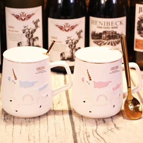 Cute Cartoon Unicorn Ceramic Water Cup With Gold Spoon Hot Sale White Coffee Mugs Beautiful Girls Gift Free Shipping