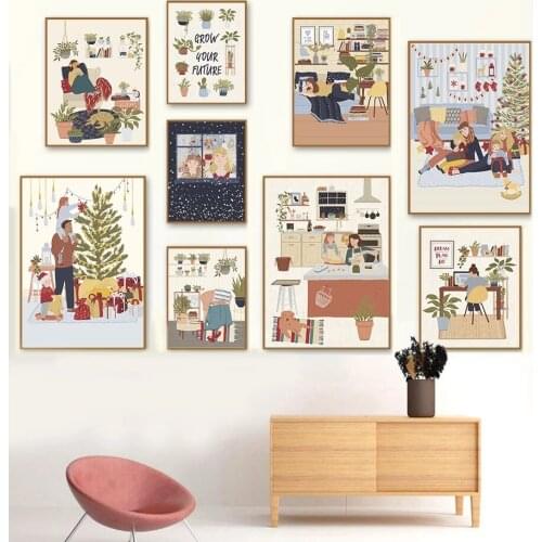 Cartoon Christmas Tree Plant Elk Cat Gift Poster Wall Art Canvas Painting Nordic Prints Wall Pictures for Living Room Home Decor