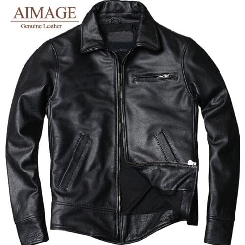 Mens Motorbiker Leather Jacket Black Genuine Leather Motorcycle Coat Spring and Autumn Slim real Cowhide Leather Jacket PY045