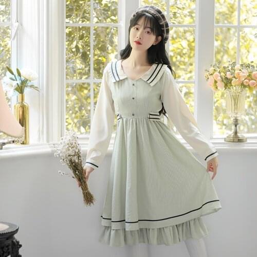 Autumn Sweet Women Dress Vintage High waist Sailor collar Long sleeve patchwork Retro female dresses 2020 HOT