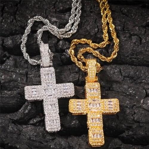 Iced Out Cross Pendant Necklace For Men Gifts With Chain Bling Baguette Cubic Zirconia Hip Hop Jewelry