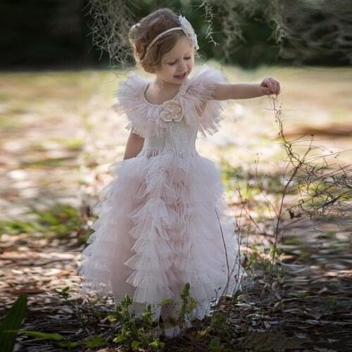 Flower Girl Dresses Pink Girl Pageant Dress Tiered Ruffle Tulle Sweet Little Kids Birthday Party Dress