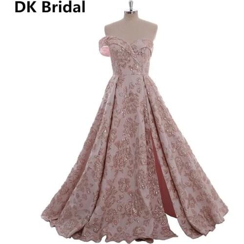 One Shoulder Sexy Pink Gold Evening Dresses 2019 Long 3D Flower Fashion Formal Evening Gowns Long Elegant Prom Dress robe de soi