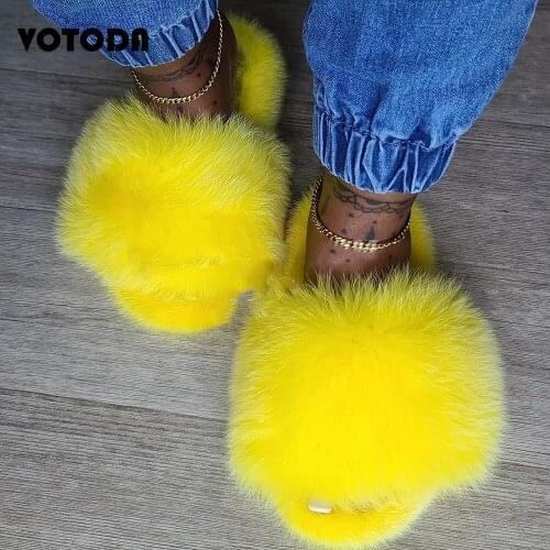 New Winter Luxury Fur Slippers For Women Furry Fox Fur Slides Thick-Sold Home Flat Flip Flop Full-Covered Fur Rainbow Girl Shoes