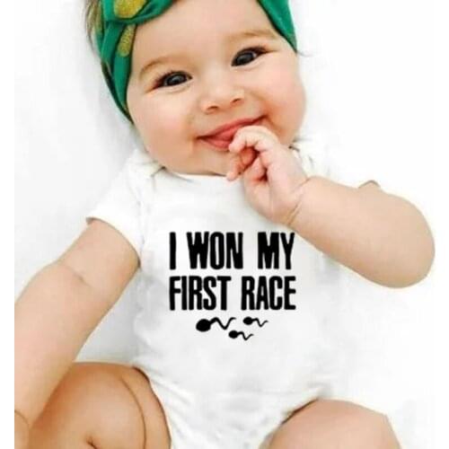 I Won My First Race Print Funny Newborn BabyRomper Infant Short Sleeve Unisex Fashion Jumpsuit Toddler Boy Girl Outfit