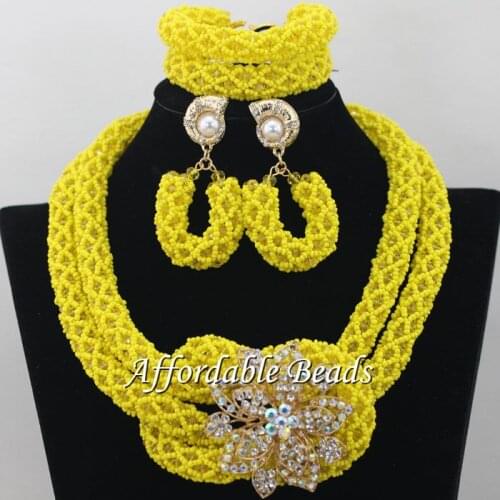 Yellow Seed Beads Wedding Costume Jewelry Nice Dubai Gold Jewelry Set Handmade Item Wholesale Free Shipping NCD017