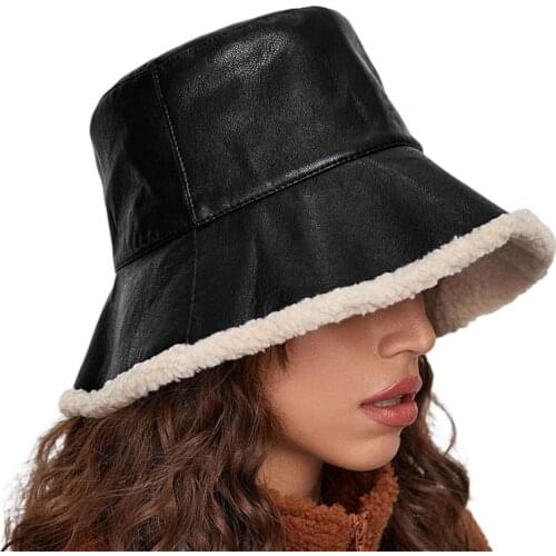 2020 Fashion Trend Autumn Winter Women Female Warm Bucket Hat Casual Style PU Leather Solid Black Cap Outdoor Stylish Headwear