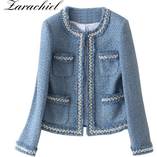Runway Blue Tweed Jacket Coat 2021 Autumn Womens Beading Long Sleeve Woolen Fringed Trim Tassels Pearl Pocket Runway Jacket