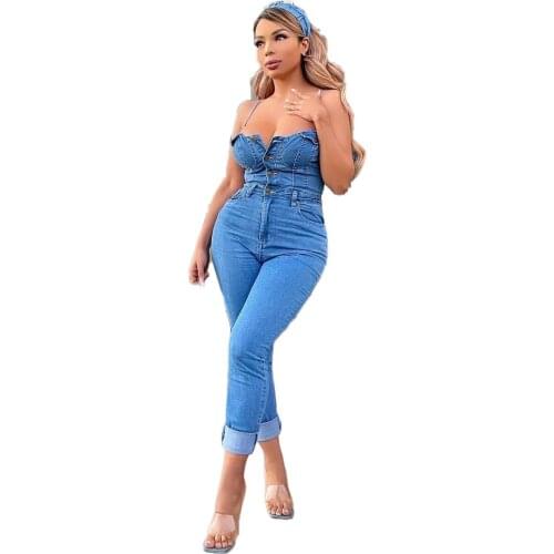 Womens Fashion Nightclub Party Clothing Sleeveless Hollow Waistless Denim Slim Sexy Denim Jumpsuit