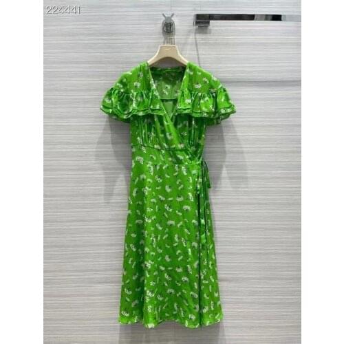 Dresses For Women 2021 Autumn Clothes Sexy Elegant V-Neck Butterfly Sleeve Print Floral Real 100% Natural Silk Midi Green Dress