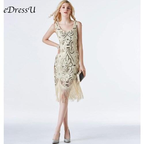 EDressU Gold Vintage Gatsby Dress 2019 Vestido Paillette Flapper Robe de Soiree Tassel Evening Party Dress Summer Dress CZ-LF20