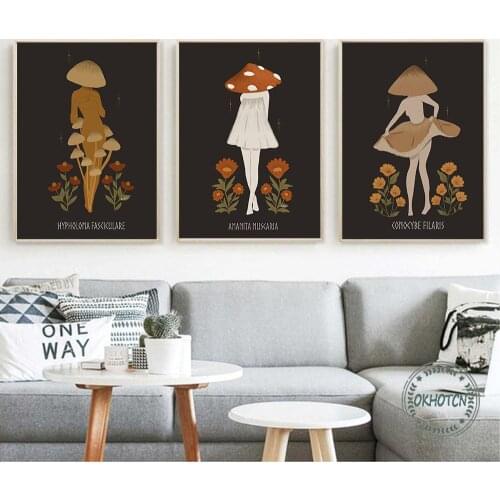 Abstract Mushroom Maidens Canvas Painting Wall Art Nordic Poster Black Background Flower Picture Modern Living Room Decor