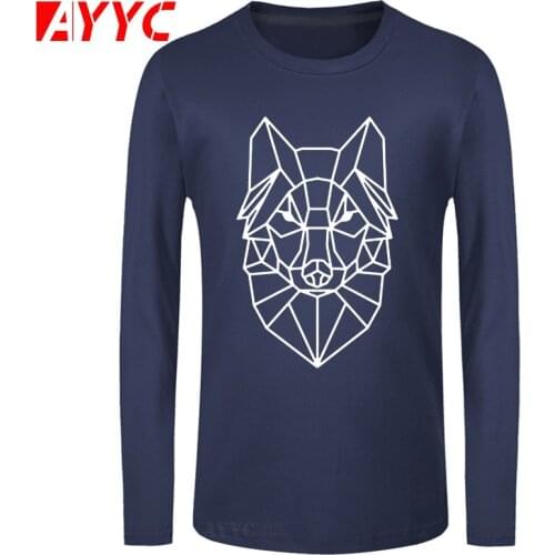 AYYC long sleeve tee Cartoon Geometric Wolf Animal T-shirt Teens Fashion Tshirt Cute Animal Wolf Head Men T Shirts Simple Line