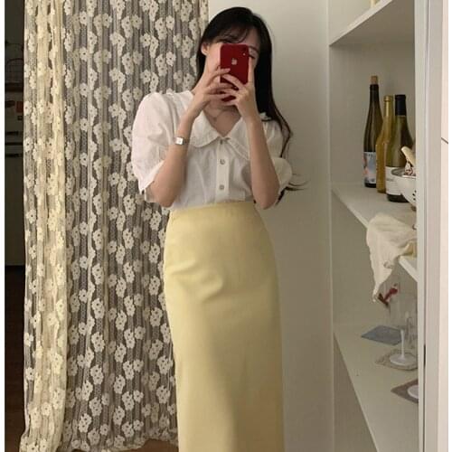 New Girls Summer Blouse Women Suit Shirt Short Sleeves Tops High Waist Long Solid A Line Skirts Two Piece Suits Sell Separately