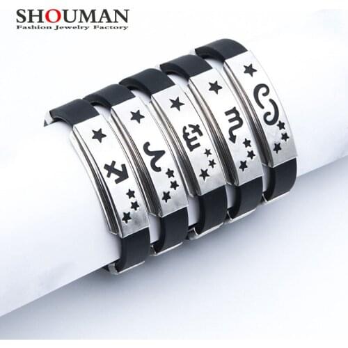 SHOUMAN 12 Constellation Men and Women Fashion Titanium Steel Bracelet Carved Cancer Leo Virgo Taurus Customizable Wrist Gift