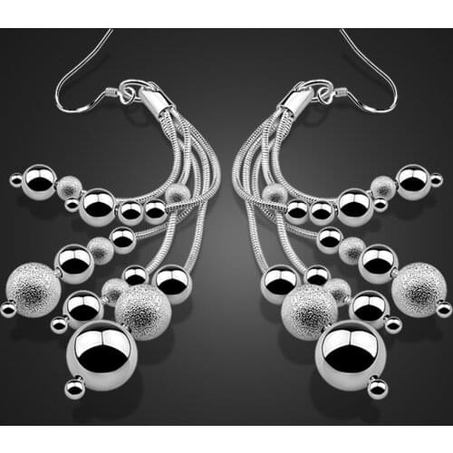 Elegant Fashion 100% 925 Sterling Silver Multilayer Ball Drop Earrings Women Long Tassel Hanging Dangle Earrings Jewelry Gift