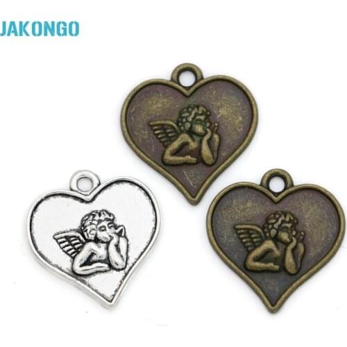 JAKONGO Antique Silver/Bronze Plated Cupid Love Angel Heart Charms DIY Handmade Pendants for Jewelry Making 19x18mm 20pcs