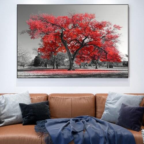 Autumn Red Life Tree Art Canvas Painting Black and White Landscape Posters and Print Wall Art Picture for Living Room Home Decor