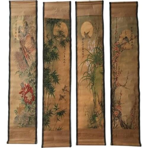 China Celebrity Painting Old Scrolls Four Screen Decorate Meilan Bamboo Chrysanthemum Painting