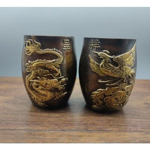 Chinese Copper Brass Gilding auspicious Dragon Phoenix Coffee Mugs Tea Cups Drinkware Table ornaments Wedding gifts a pair