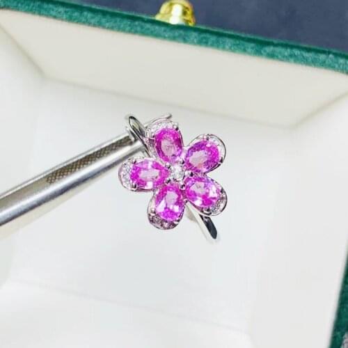 Natural real pink sapphire flower ring Per jewelry 925 sterling silver 3*4mm 0.3ct*5pcs gemstone Fine jewelry T2141610