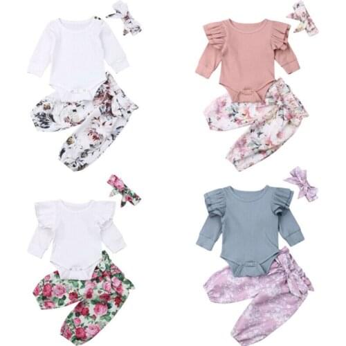 Newborn Baby Girl Boys Clothes Sets Solid Long Sleeve Romper Flowers Printing Pants Headband Outfits Clothes Hot