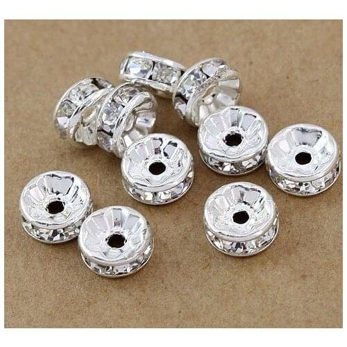 Best !8mm DHL Free+Gift High quality White Rhinestone Rondelle Spacer, Silver Plated Loose Beads Fit Charm Bracelet