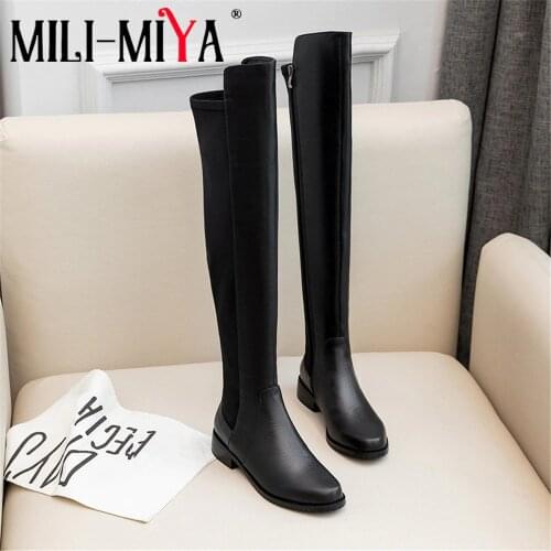 Fashion Women Boots Knee-High Round Toe Comfortable Square Heels Cow Leather Knitting Top Quality For Ladies Handmade Shoes