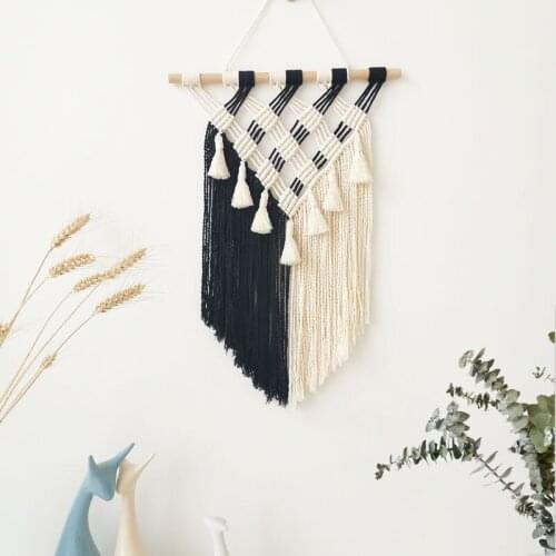 Nordic Black/White Hand-woven Tapestry Wall Hanging Fringed Macrame Wall Tapestry Living Room Bedroom Headboard Wall Decoration