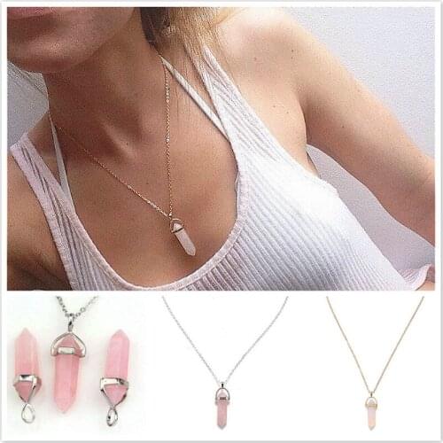 New Hexagonal Column Quartz Necklaces Pendants Fashion Natural Stone Bullet Pink Crystal Pendants For Women Jewelry
