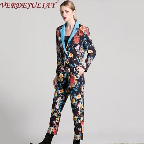 Wholesale European Office Lady High Street Print Suit Blue Collar Single Button Blazer + Ankle-Length Pants Vintage Women Set