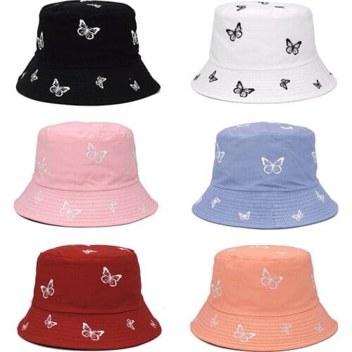 Foldable Bucket-Hats Butterfly Print Embroidery Sunscreen Men Women Panama Hat Cotton Female Fisherman Cat Anti-sun Hip Hop