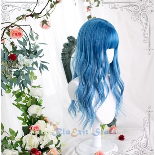 Gradual Ocean Blue Lolita Wig Harajuku Fairy Cosplay Bangs Mixed Colors Curly Wave Long Sweet Fringe Adult Girls Hair